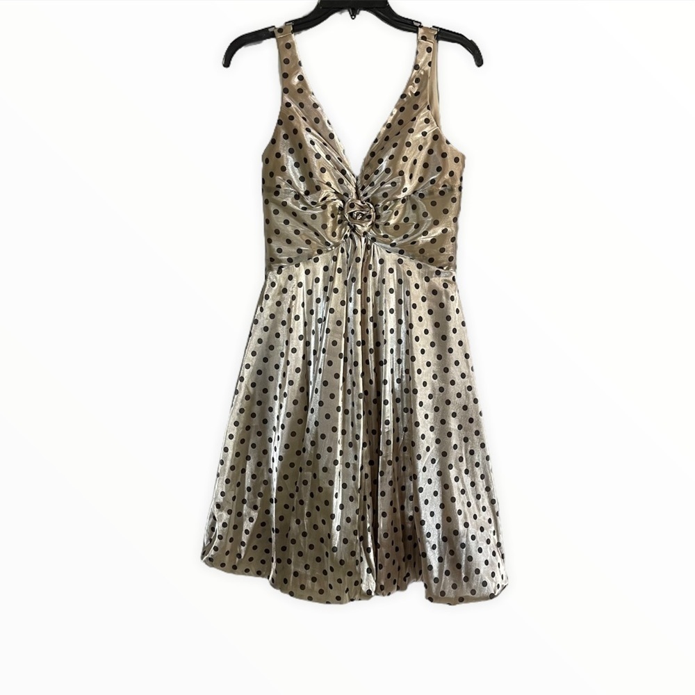 Joseph Ribkoff Size 4 Champagne Polka Dot‎ V Neck Mini Formal Dress Old Money